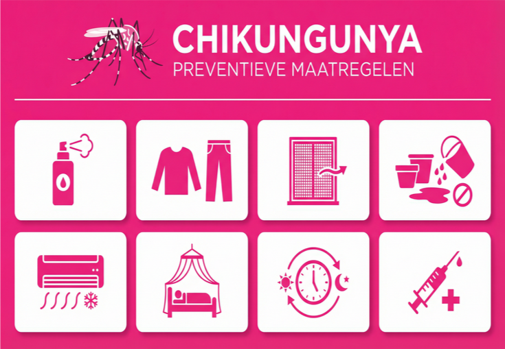 Chikungunya preventie infographic met 8 beschermende maatregelen inclusief vaccinatie